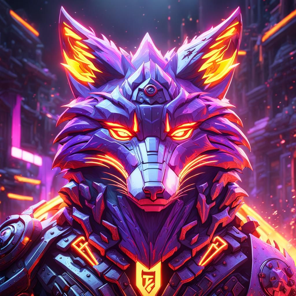 Neon Fox in Red Lightning: Dark Fantasy Art