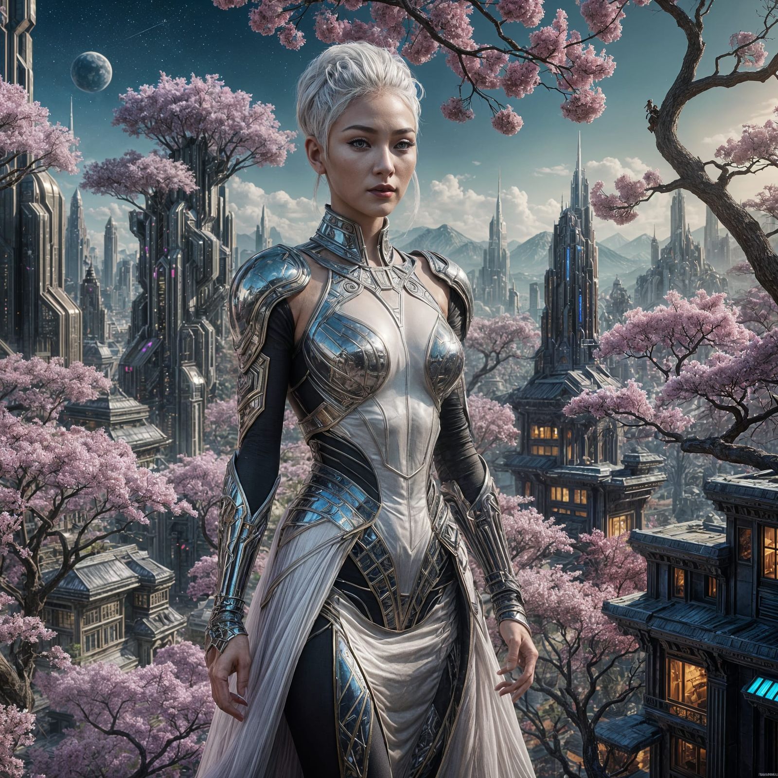 Muscular Alien Woman in Sci-Fi Cityscape
