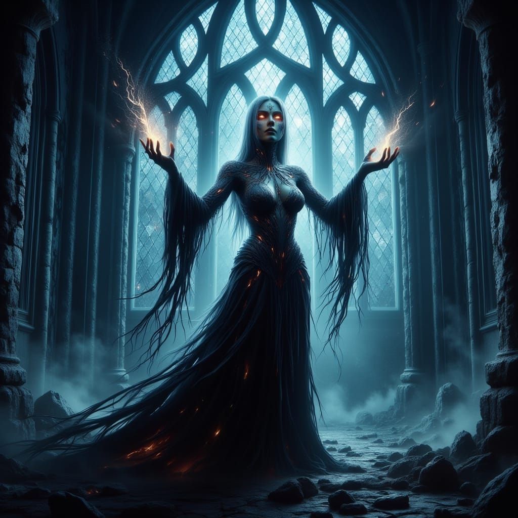 Dark Sorceress Dominates Ruined Cathedral in Dark Fantasy Ar...