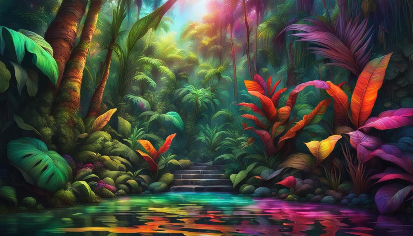 Iridescent Rainbow Jungle in Hyperrealistic Splash Art