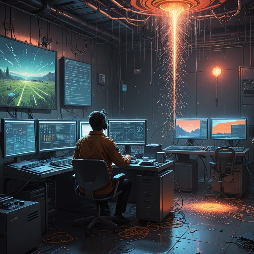 Cyberpunk Server Room Erupts in Glowing Code Celebration