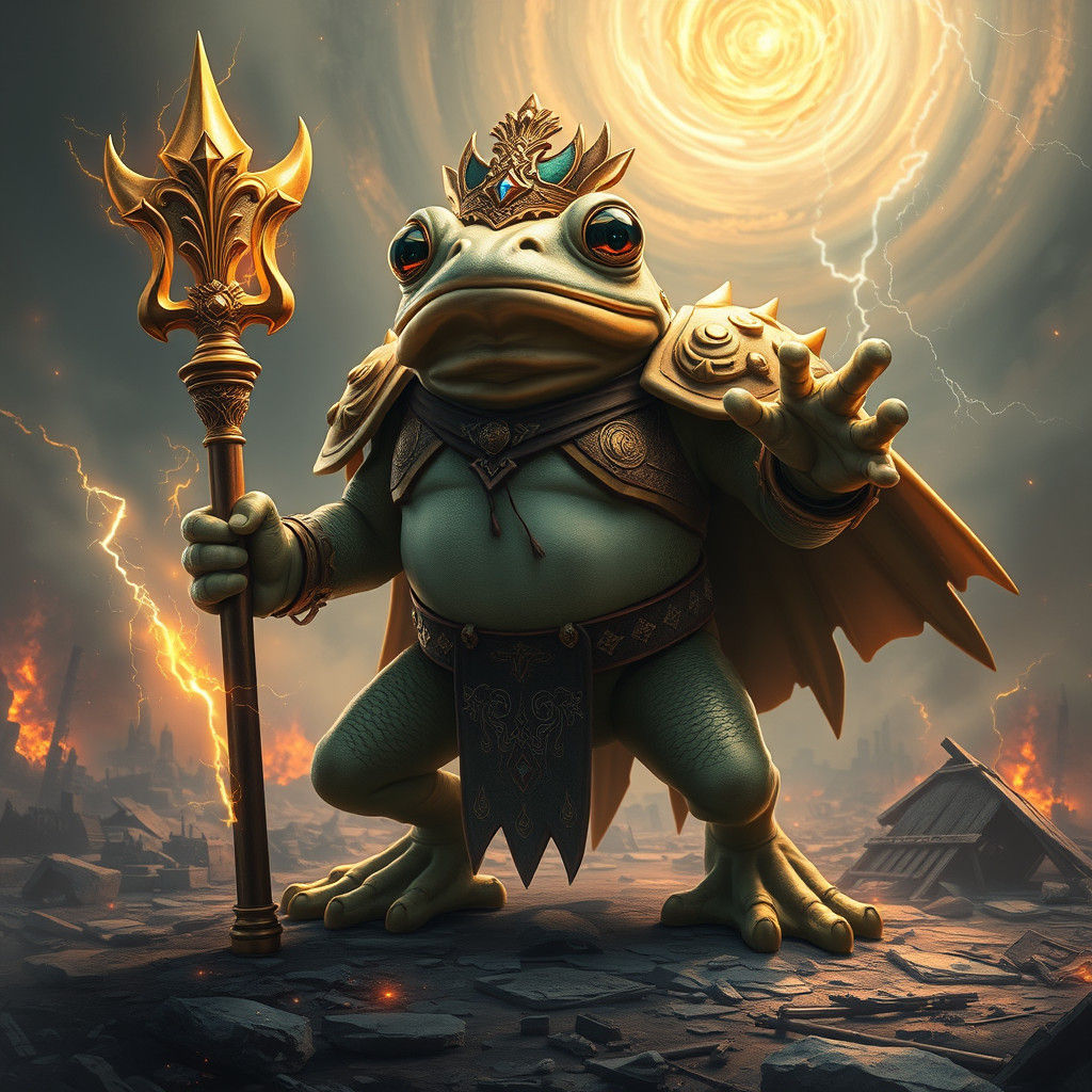 God-Like Frog Warrior in Desolate Landscape