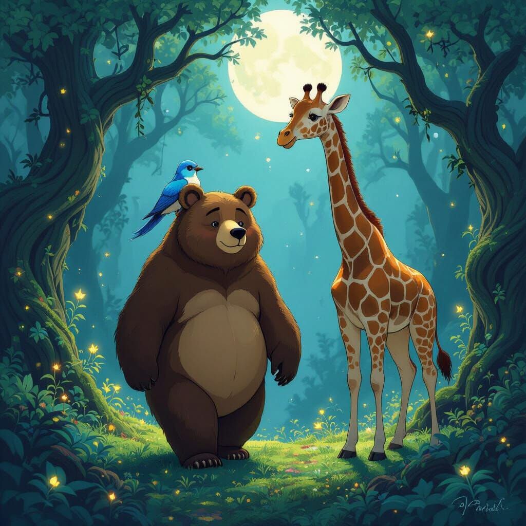 Fantasy Forest with Magical Creatures and Moonlight