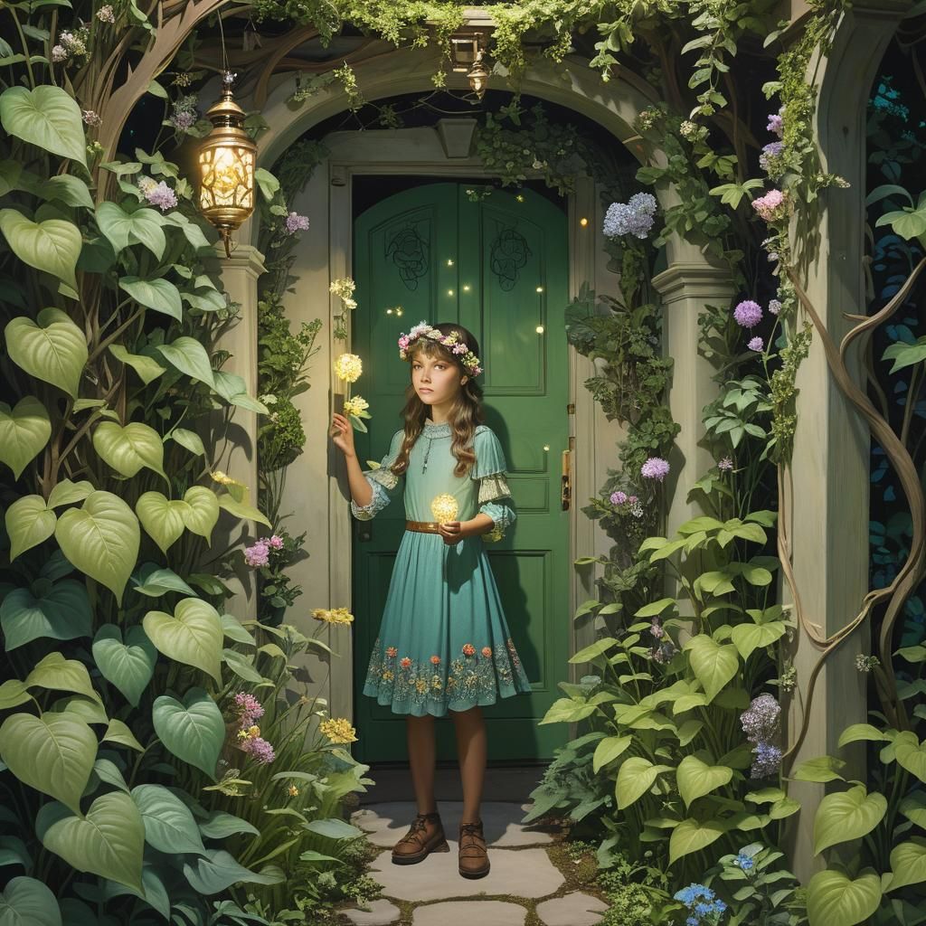 Girl in Bioluminescent Secret Garden: Art Nouveau Style