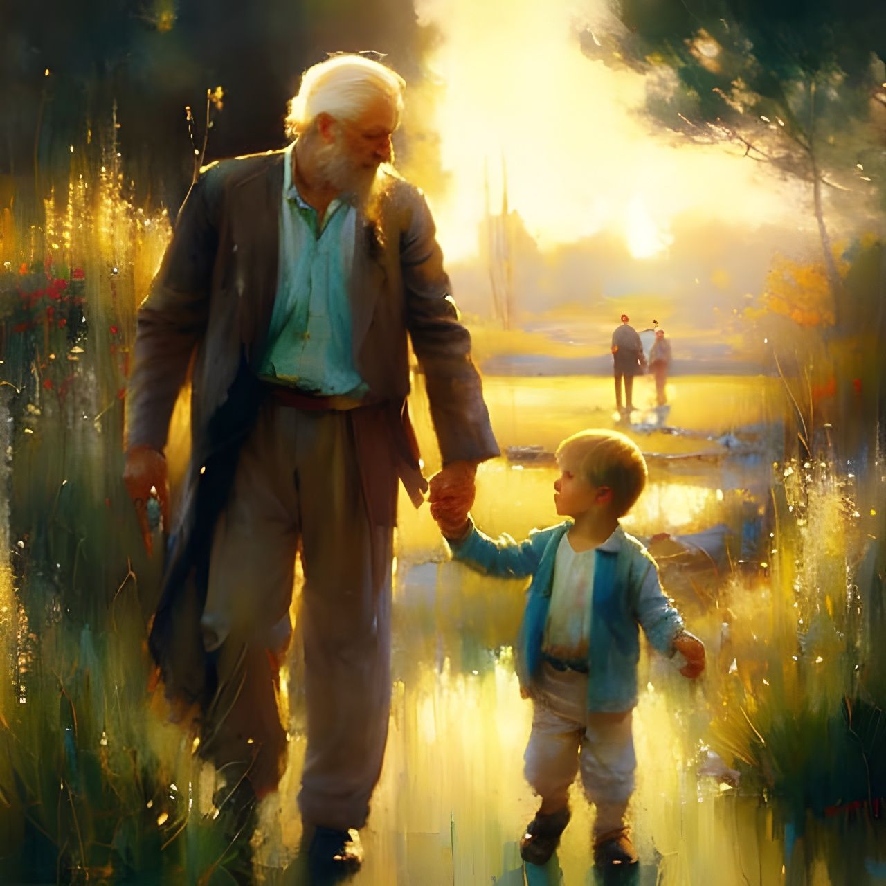 Grandson and Grandfather in Sunlit Garden Painting