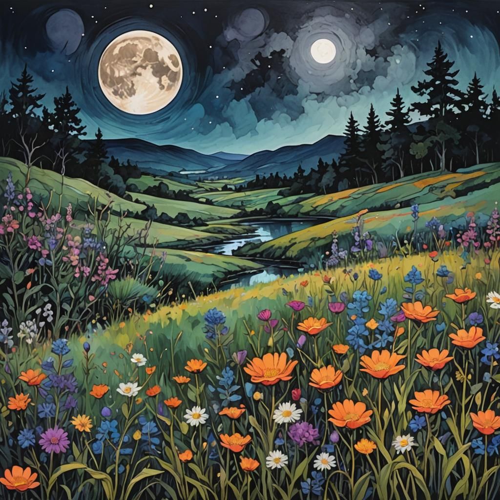 Liquid Ink Night Landscape with Wildflowers
