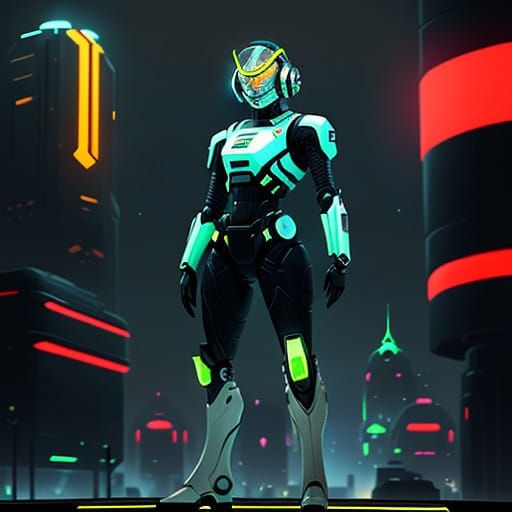 Heroic Futuristic Cop in Industrial Cityscape with UFO