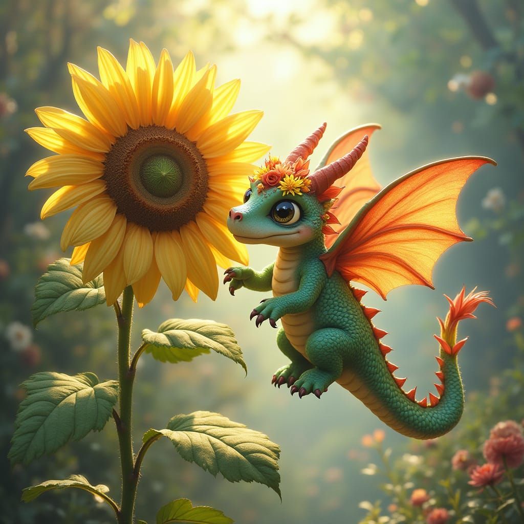 Pastel Dragon with Giant Sunflower, Fairy Tale Art