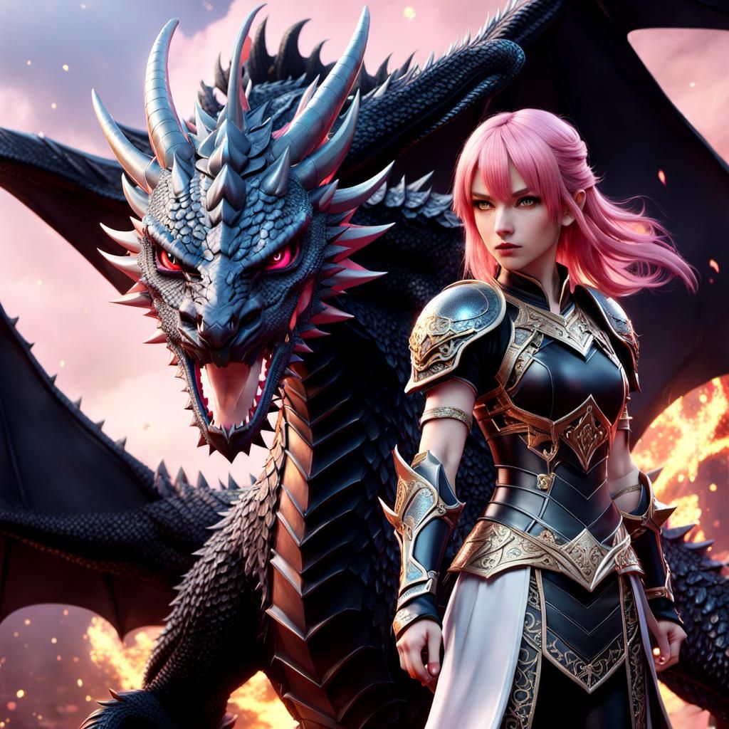 Heroic Pink-Haired Warrior Battles Mighty Black Dragon in An...