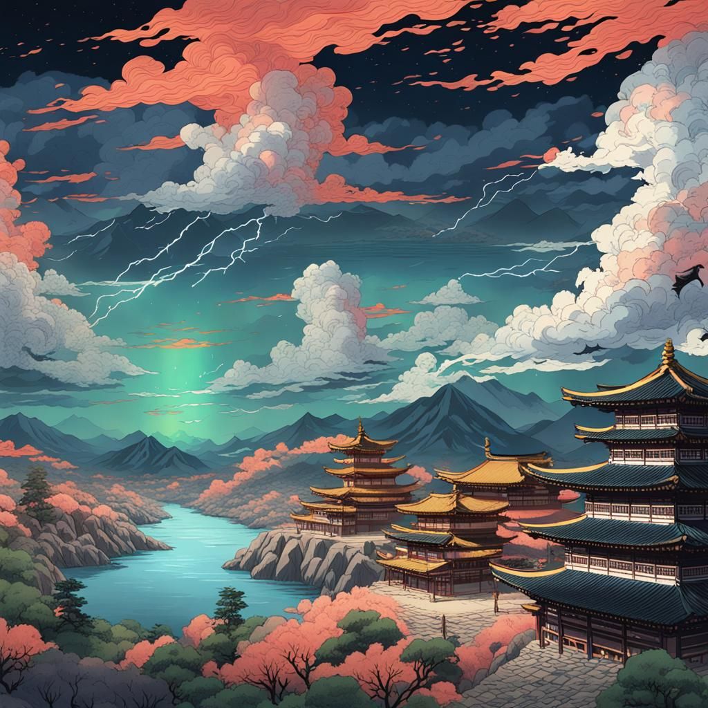 Aurora Thunderstorm in Anime Style, Ukiyo-e Sketch