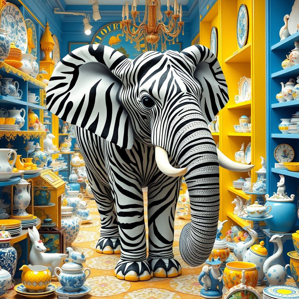 Surreal Elephant in Whimsical Porcelain Shop