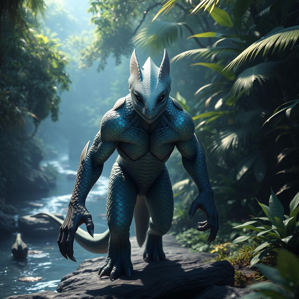 Humanoid Creature with Scales in Lush Jungle