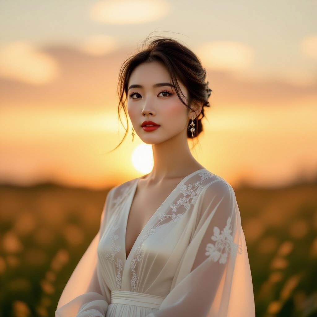 Elegant Chinese Woman in Silk Dress at Golden Hour