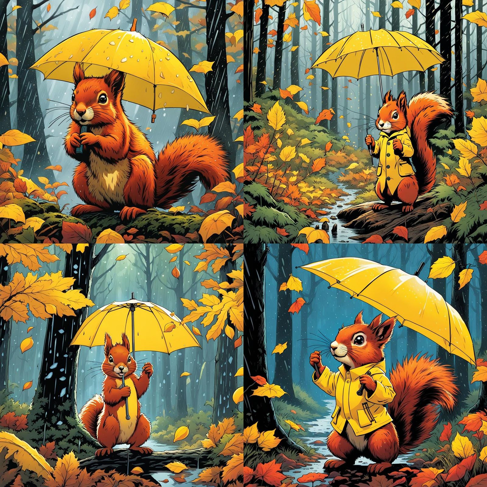 Squirrel in Rainy Autumn Forest, Comic Book Art