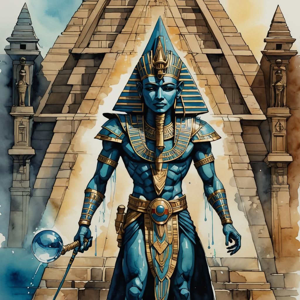 Cyborg Deity Wielding Water in Egyptian Temple