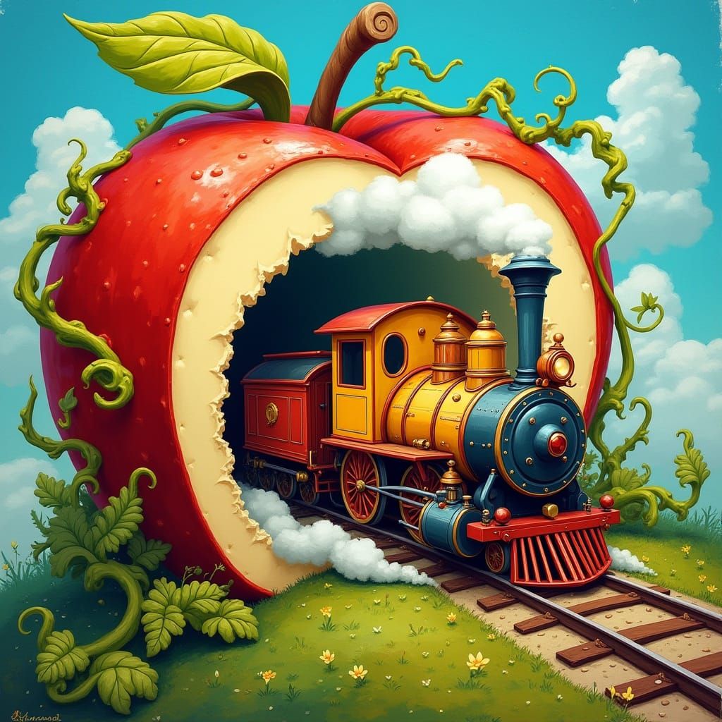 Whimsical Steam Train Emerges from Giant Apple in Vibrant, C...