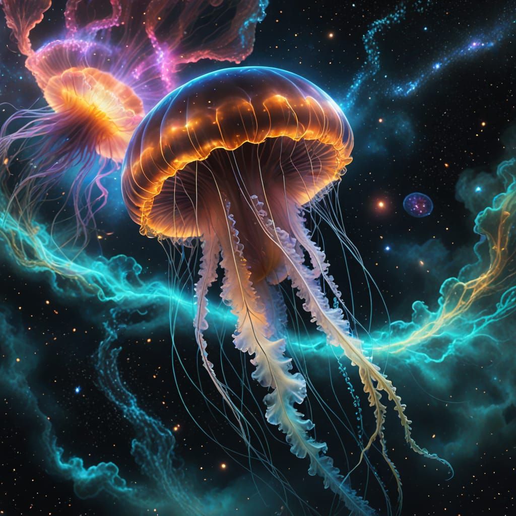 Bioluminescent Jellyfish in Cosmic Nebula
