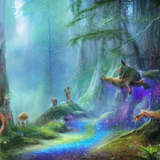 Enchanted Rainbow Forest with Magical Creatures