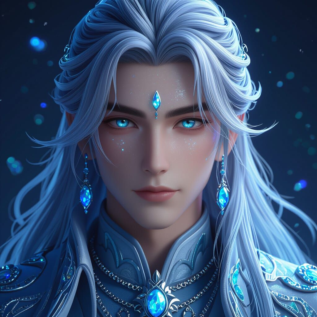 Handsome Opal Prince with Flowing Hair and Blue Eyes