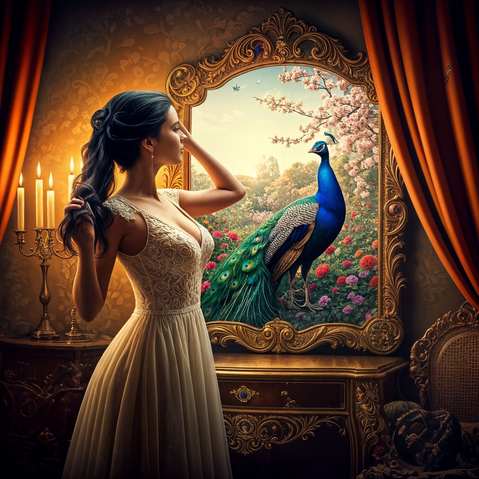 Ethereal Beauty Unveils a Peacock in a Vibrant Floral Realm