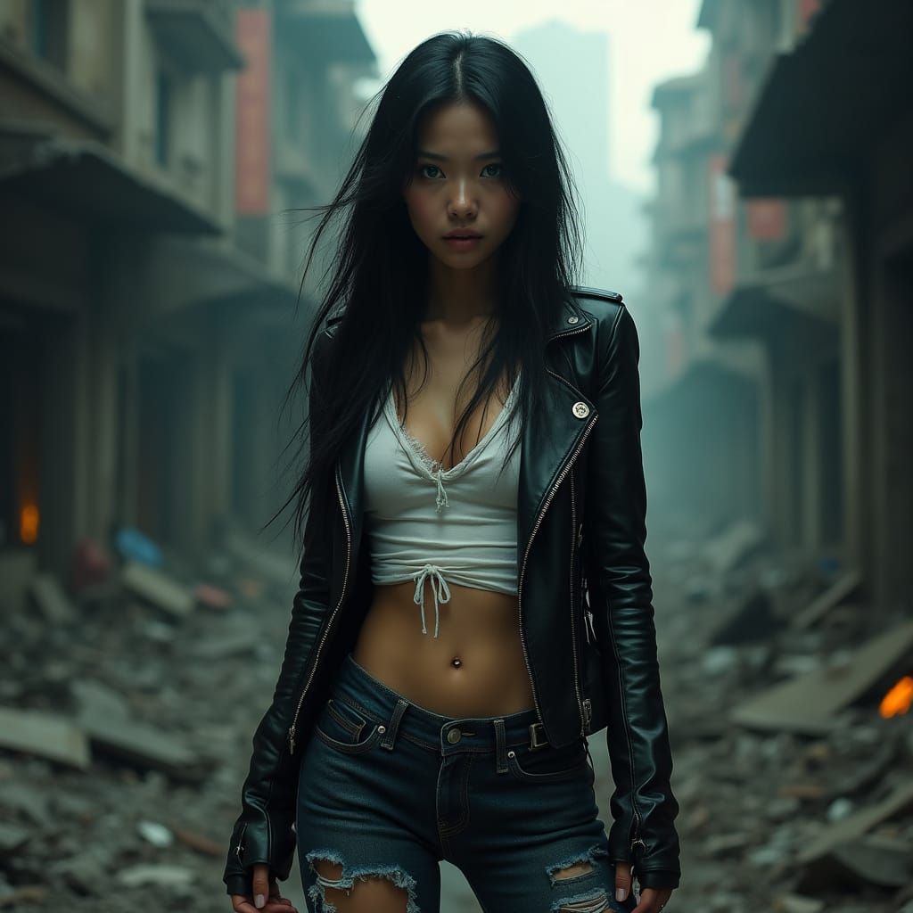 Resilient Asian Woman in Cyberpunk Dystopia