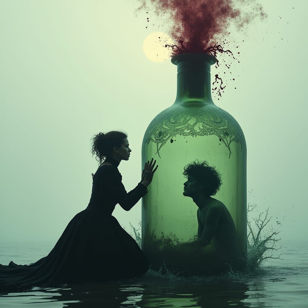 Woman Longing Amidst Turbulent Waves and Ancient Glass