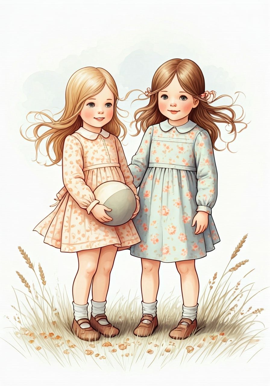 Girls Playing in Garden, Watercolor Style