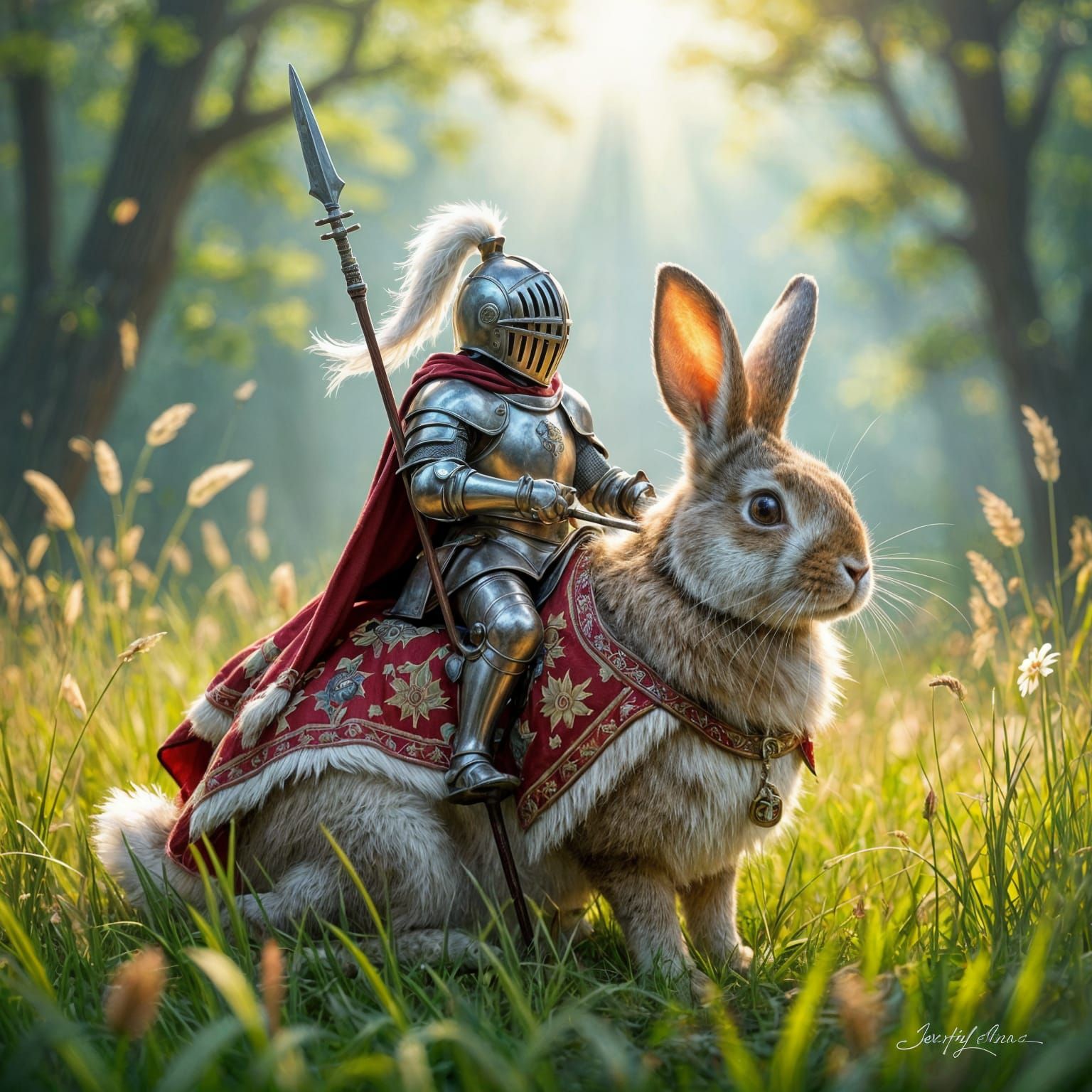 Knight on Giant Rabbit in Fairytale Forest