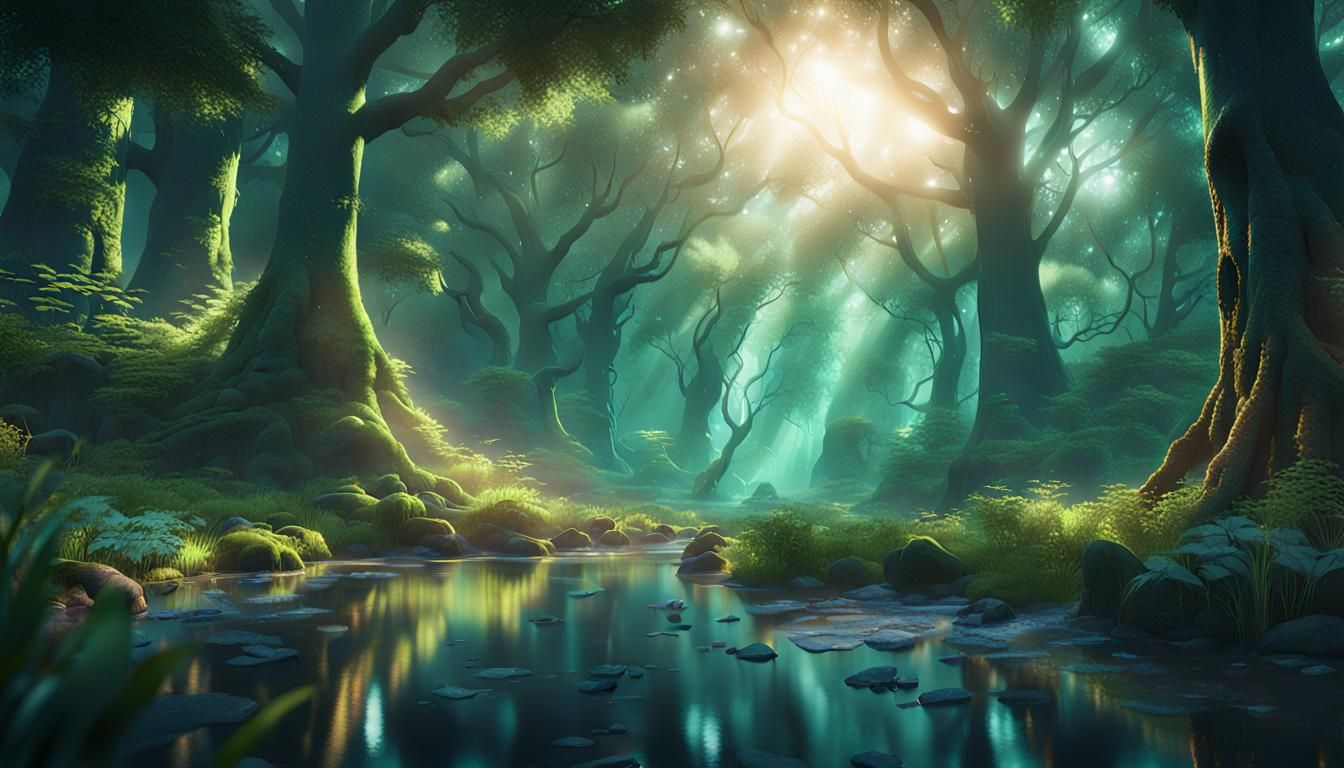 Sunlit Viridian Forest After Rainfall: Fantasy Matte Paintin...
