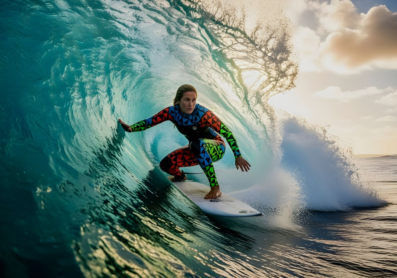Woman Surfer Rides Wave at Pipeline Beach