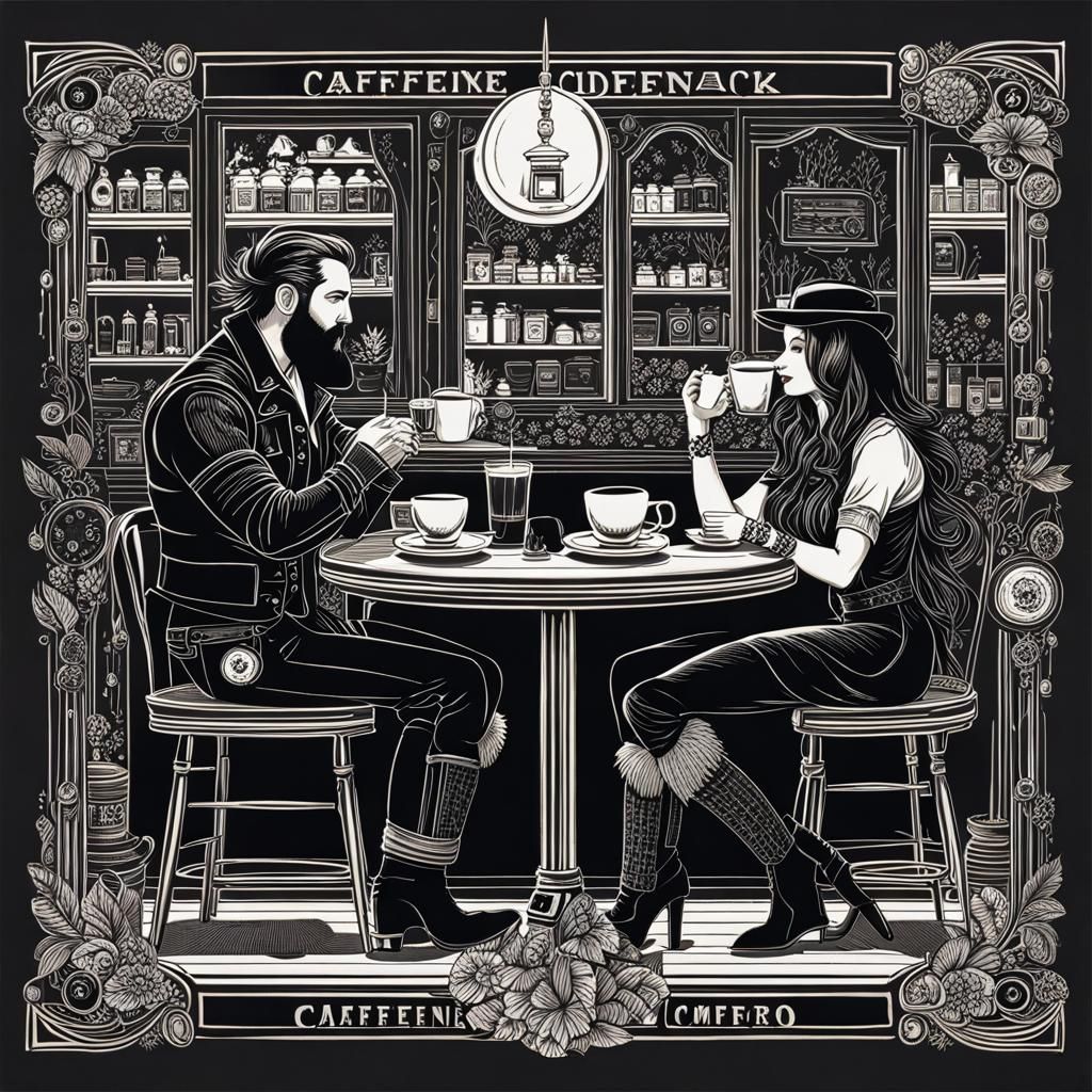 Lumberjack and Goth in Coffee Shop, Caffeinepunk Style