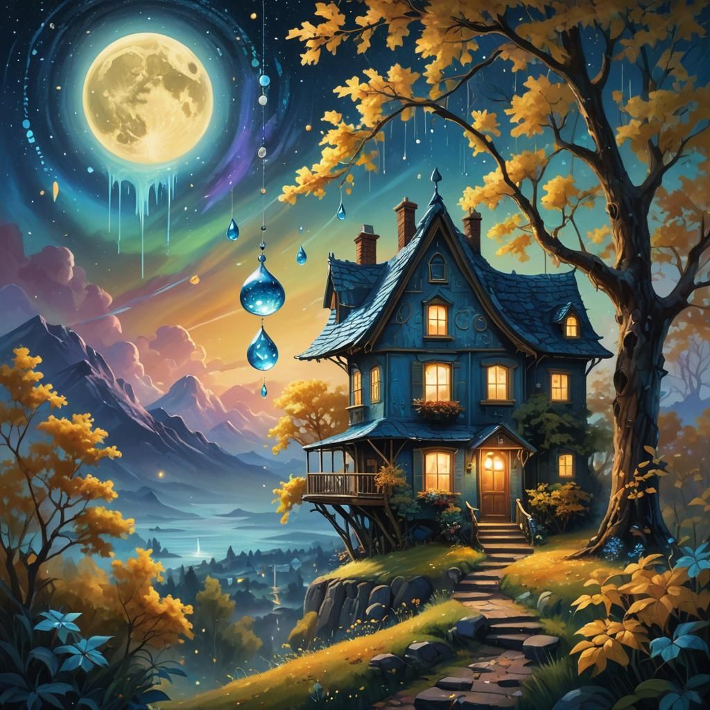 Surreal Water Droplet House Under Starry Sky