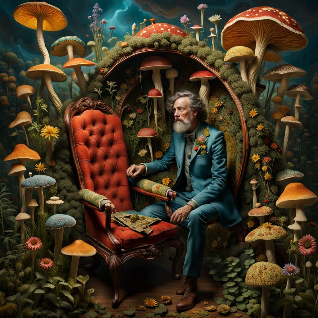 Celestial Fungi Hunter in Surreal Flower Chair
