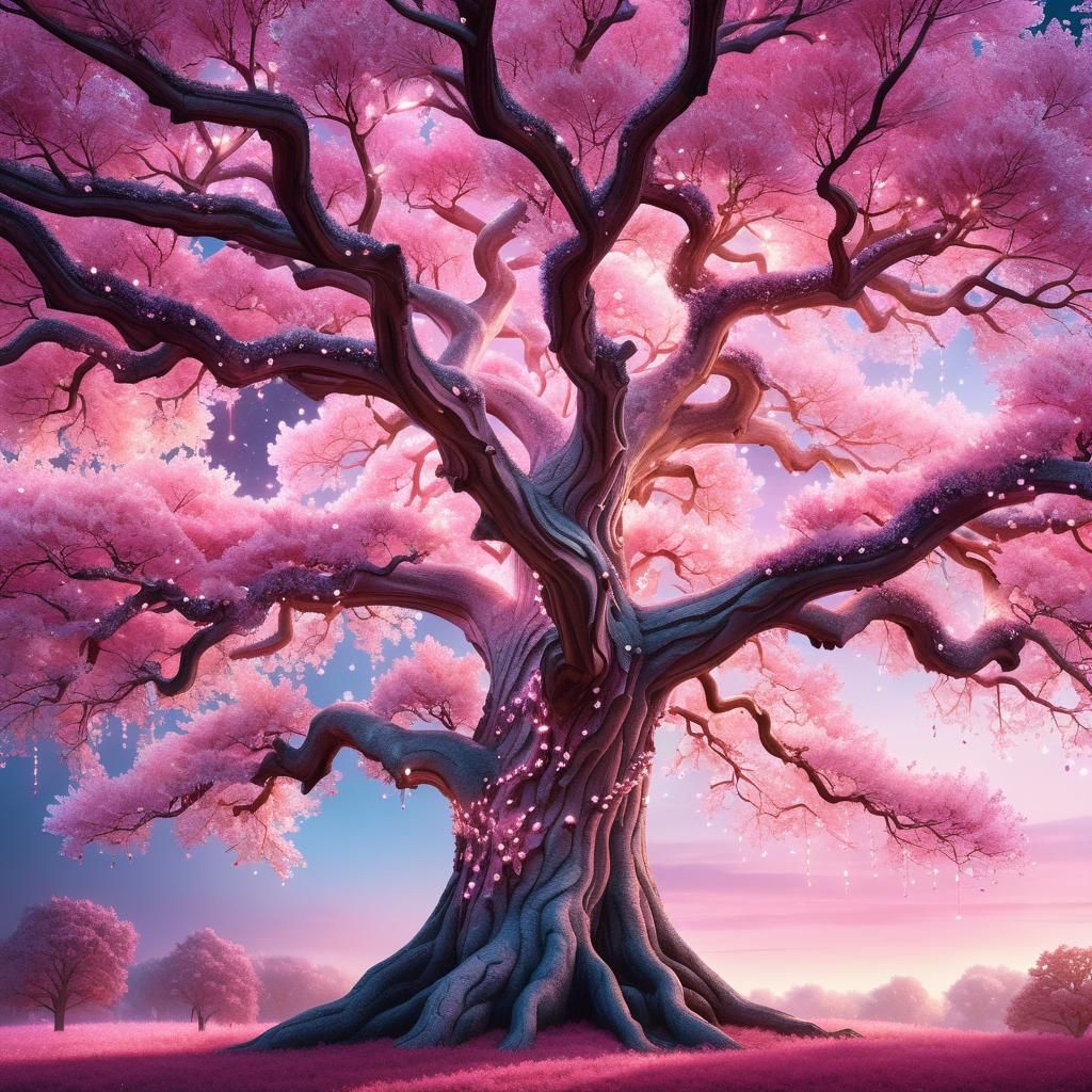 Crystal Oak Tree in a Whimsical Fantasy Illustration