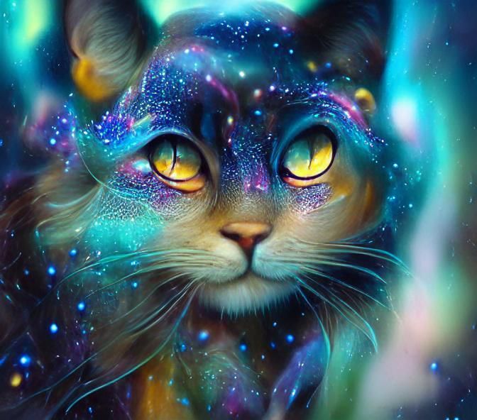 Cosmic Magic Cat in Starry Night Aetherpunk Style