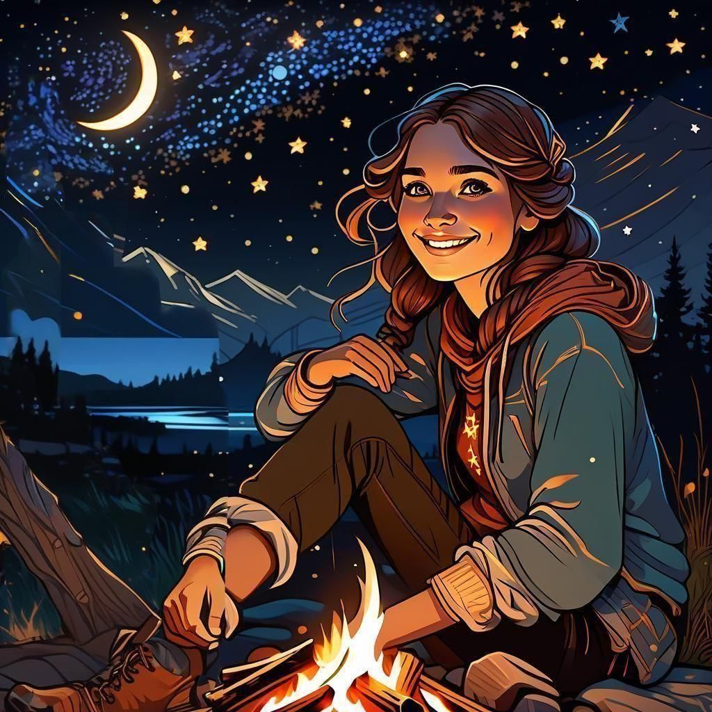 Radiant Child by Campfire Under Starry Sky