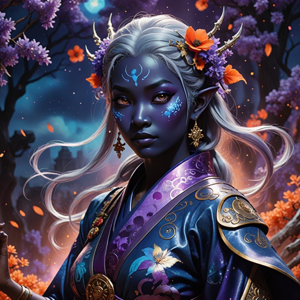 Drow Elf Samurai Goddess in Vibrant Nebula Glow