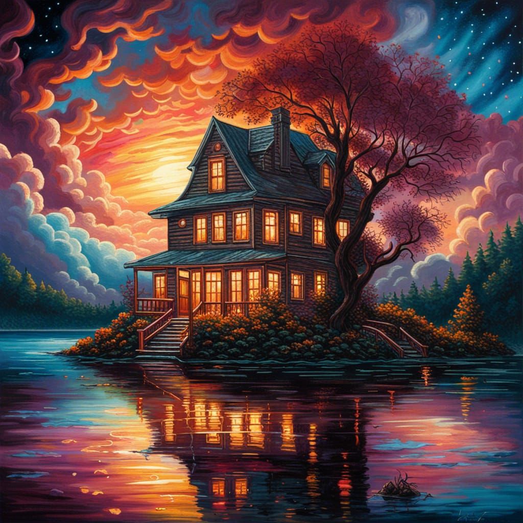 Cosmic Lake House Painting in Abstract Style