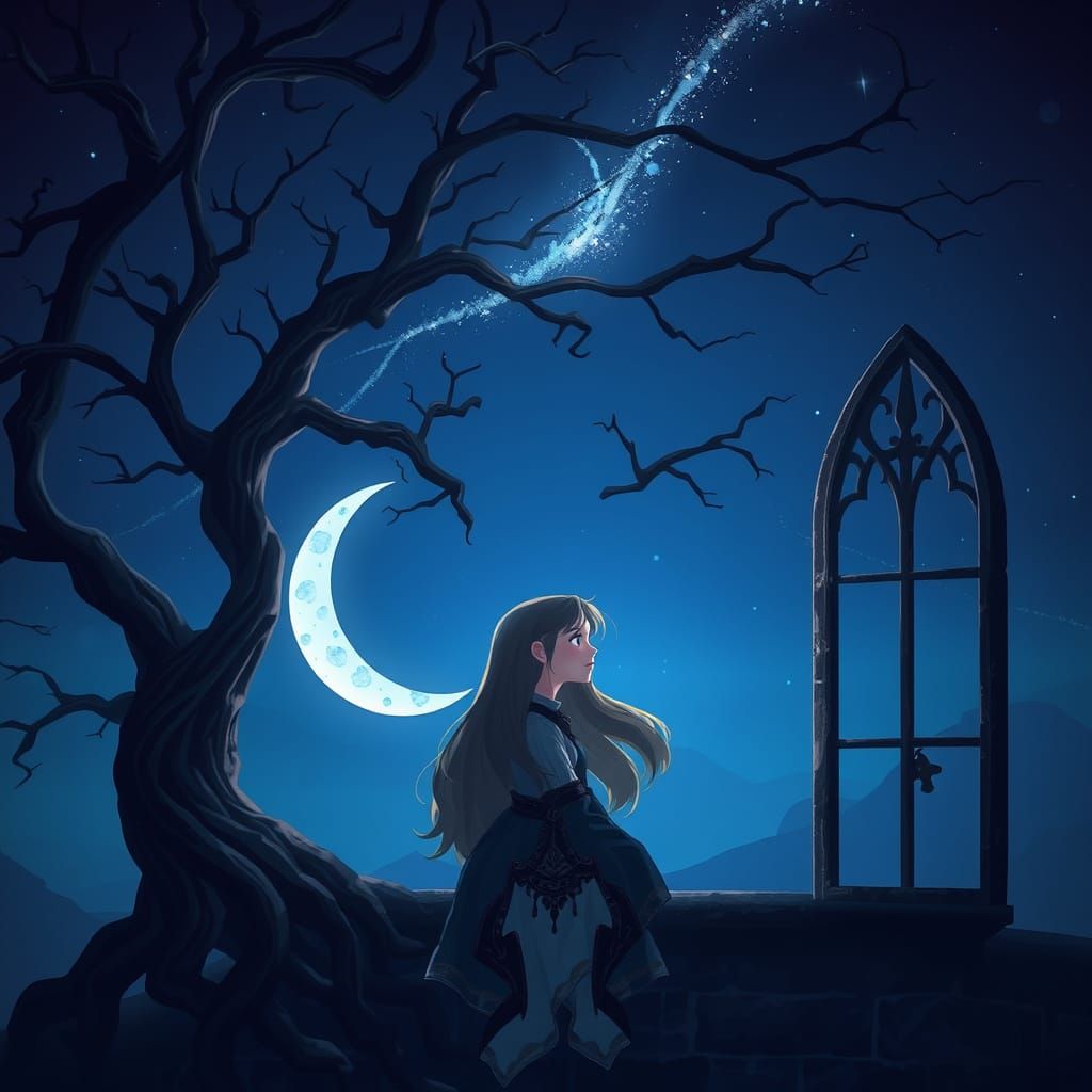 Ethereal Tree Illuminated by Glittering Sparks and Crescent ...