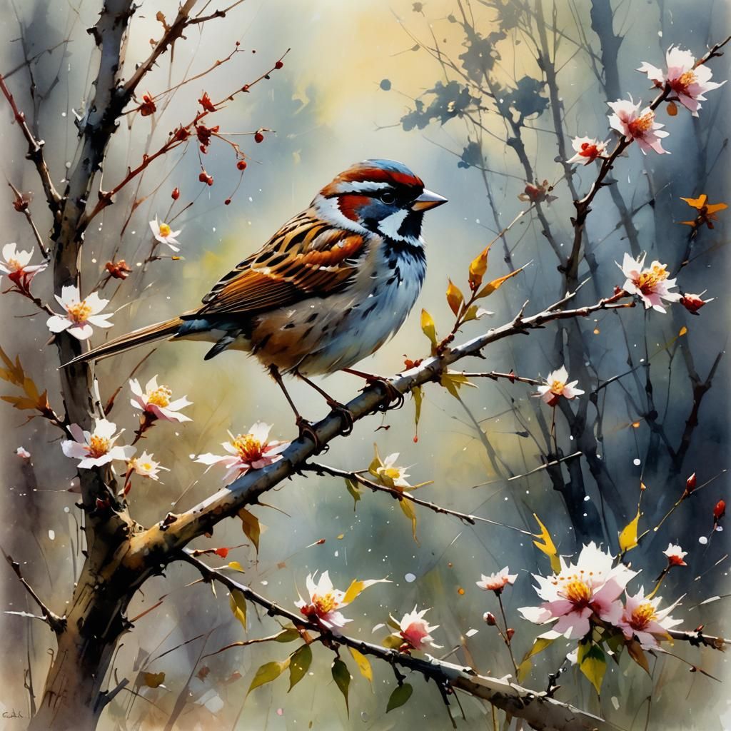 Sparrow on Branch: Watercolor Art