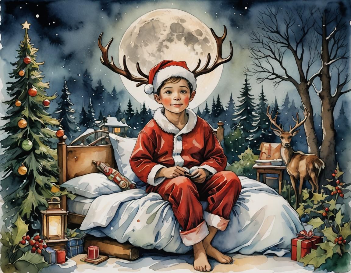 Christmas Eve Storybook Illustration of Boy and Santa
