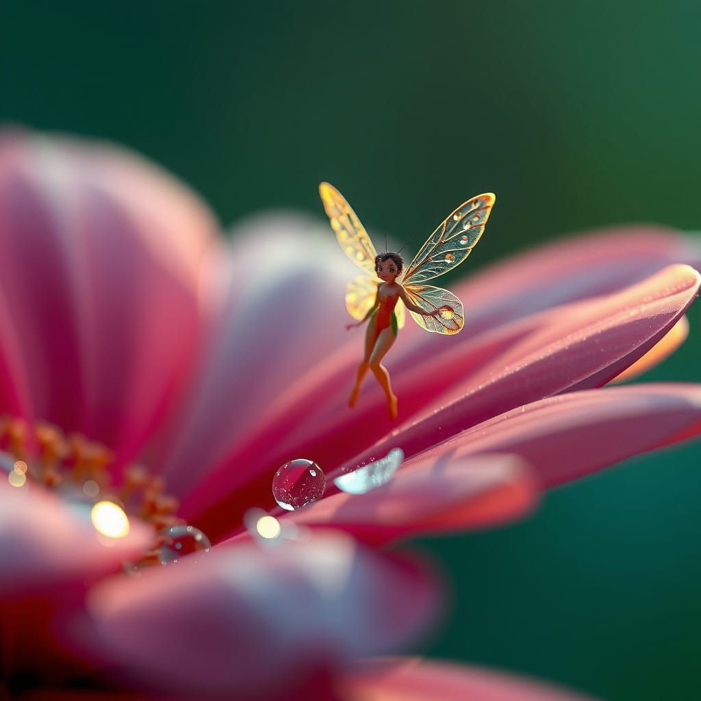 Enchanted Morning Dew: Whimsical Fairy on a Flower Petal in...