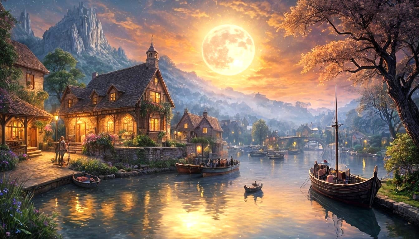 Nighttime Medieval Village with Boats in Dreamlike Setting