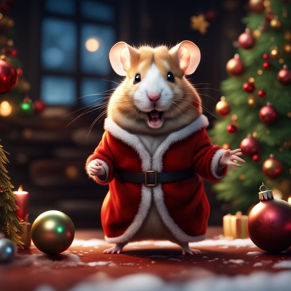 Festive Hamster Celebrates Christmas: Detailed Fantasy Art