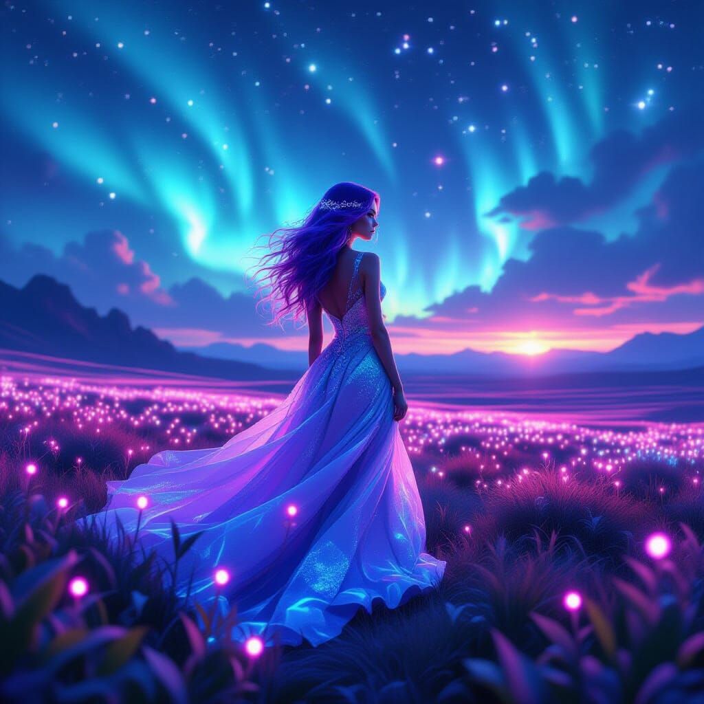 Neon Woman in Alien Landscape with Auroras