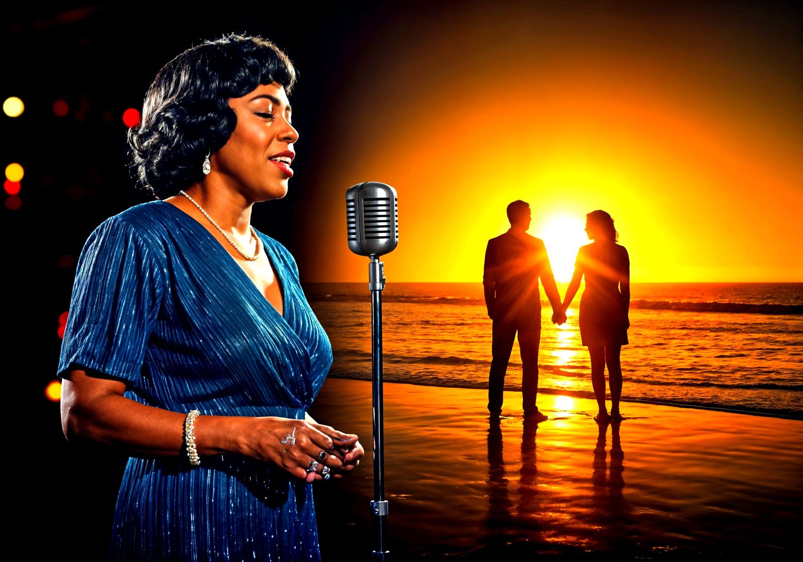 Blues Legend in Smoky Nightclub, Beach Sunset in the Backgro...