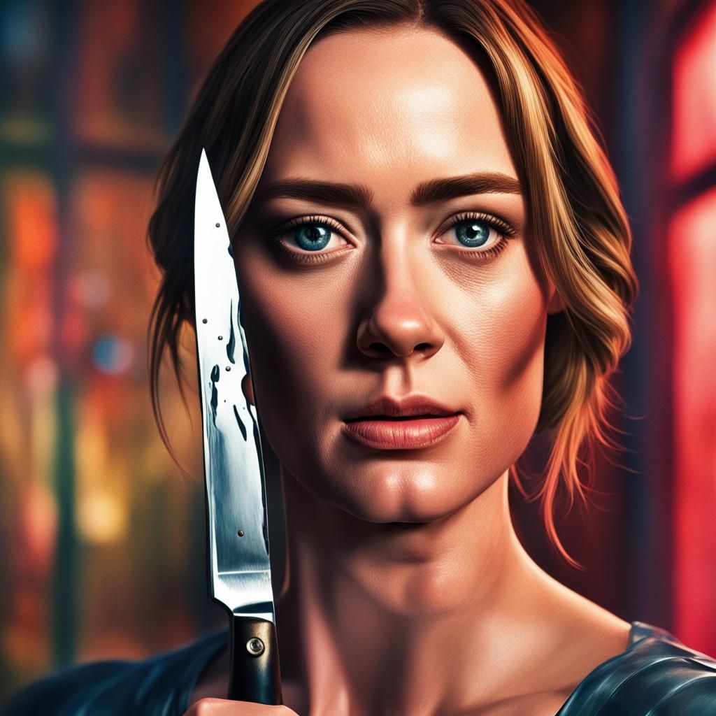 Realistic Photo of Woman's Reflection in Knife Blade