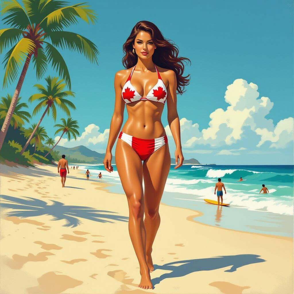 Athletic Woman in Maple Leaf Bikini on Beach, Vintage Pulp A...