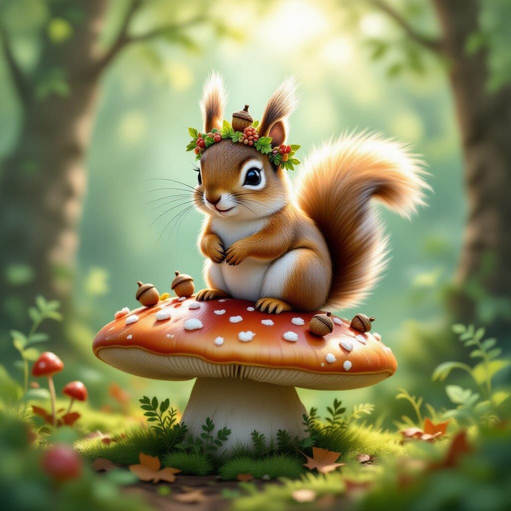 Squirrel King on Mushroom in Enchanted Forest