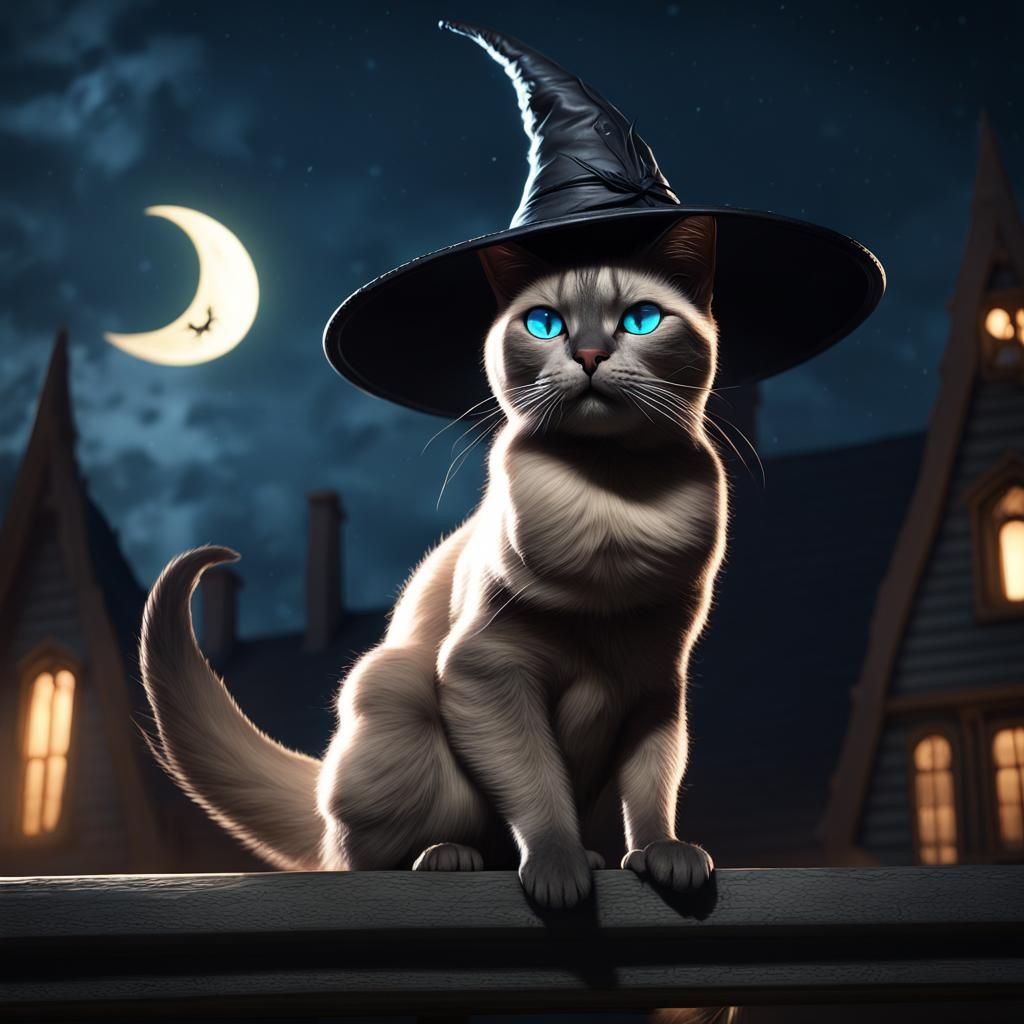 Siamese cat wearing a witch hat